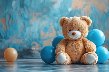 A plush teddy bear sits against a colorful backdrop with blue and orange balloons nearby.