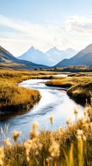Majestic Mountain Landscape with Winding River and Lush Meadow in Scenic Countryside