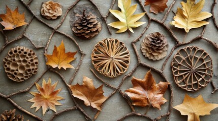 Fototapeta premium DIY decorations crafted from natural materials, leaves, and twigs forming intricate patterns