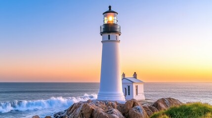Obraz premium Lighthouse beacon shines on rocky coast at sunset