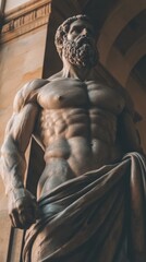 Fototapeta premium Muscular statue presents detailed craftsmanship, featuring a strong physique and draped fabric, set against an ornate architectural background that enhances its magnificence