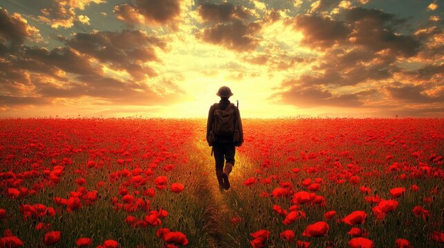 Young caucasian man walking through poppy field at sunset. Memorial Day, Remembrance Day, Veterans Day, ANZAC Day - National Day of Remembrance, Military Honor Day, Armed Forces Memorial - Powered by Adobe