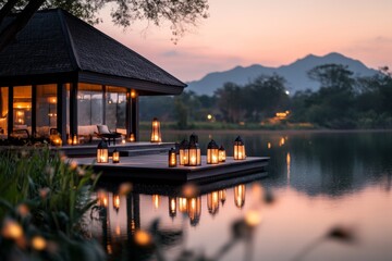 Fototapeta premium A serene night scene of the Emerald Ubosot lit by soft lanterns, with stars sparkling in the background