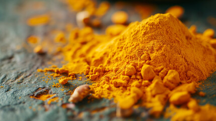 Vibrant turmeric powder displayed on a rustic wooden surface. Generative AI