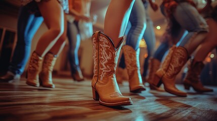 Close-up of people line dancing in cowboy boots