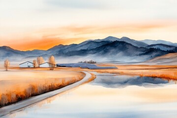 A soft watercolor painting of a solar farm at sunset, with warm golden hues blending into cool blues across the landscape