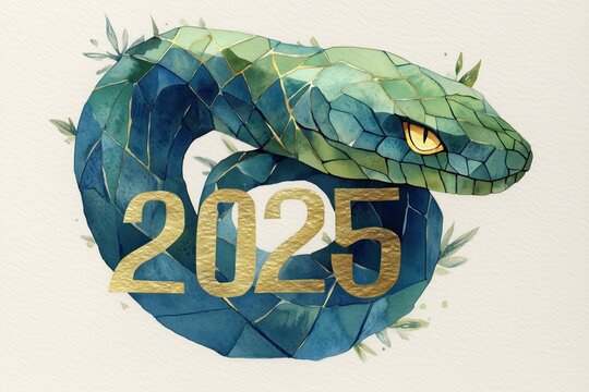Golden snake with 2025 in blue and green colors, clipart on light background for New Year card. Watercolor illustration style and digital art.