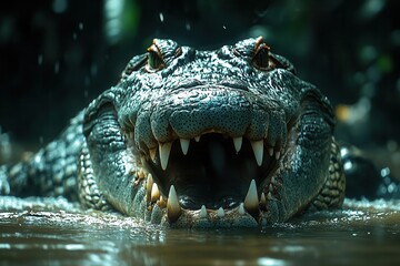 Obraz premium dangerous wild crocodile with open jaws near murky water edge in natural tropical habitat with dramatic lighting