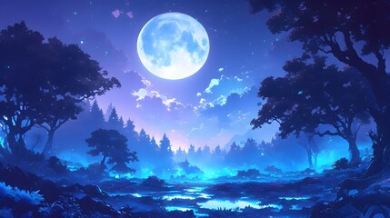 Naklejka premium stunning night landscape illuminated by a full moon, casting its light on a peaceful forest