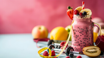 Fototapeta premium Healthy smoothie with fresh fruits and workout equipment on a colorful background