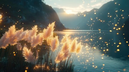 Fototapeta premium Serene meadow at sunset with ethereal sparkles over peaceful lake and mountains