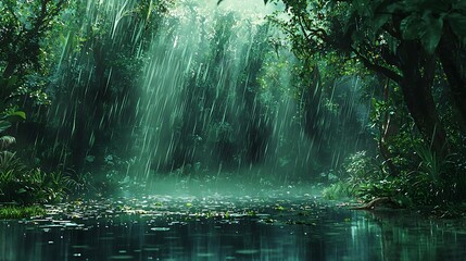 Fototapeta premium Rainforest Downpour: Lush Green Canopy and Serene Pond