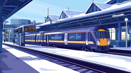 Naklejka premium Winter train arriving at snowy urban station