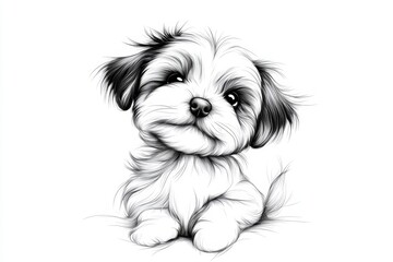 A simple line art illustration of a Shih Tzu puppy sitting with its head tilted, drawn with clean black lines on a white background