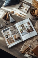 Opened brochure mockup showcasing an interior design portfolio, surrounded by swatches and tools