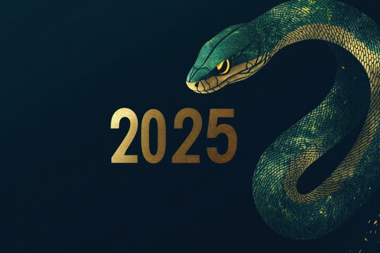 Golden and green snake near the 2025 against dark background with copy space. Digital art in minimalist style. Suitable for calendar design.