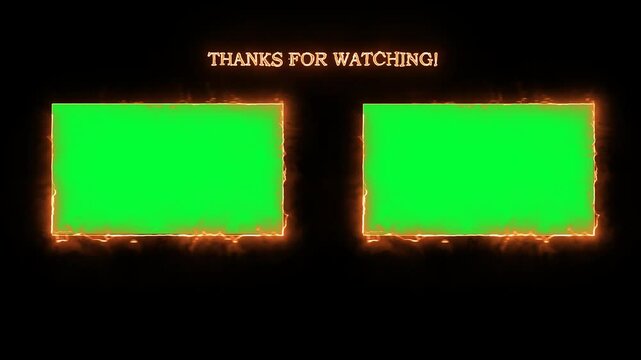 Fire pop up youtube end Screen channel with templates for video on alpha channel with Green screen chroma key. Thanks for watching, reminder for bells and like, animation background