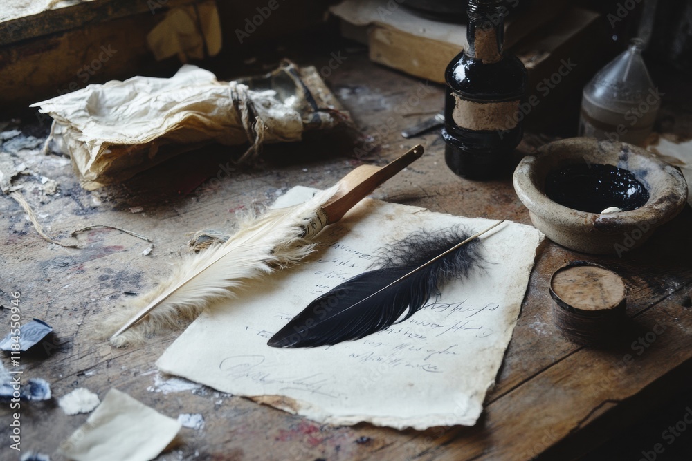 Poster exploring traditional calligraphy techniques with quill, ink, and parchment on a rustic wooden table
