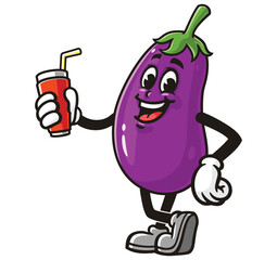 Eggplant with Soft drink,      Cartoon Character Mascot Illustration Vector Clip-art Hand-drawn Logo Design
