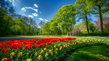 Fototapeta premium Colorful tulip garden in spring surrounded by lush green trees under a bright blue sky