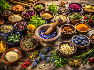 Variety of colorful spices and herbs arranged on a wooden table for culinary and medicinal use