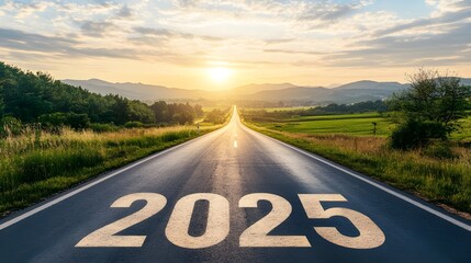 Road to the future, 2025 painted on asphalt, sunrise over mountains, golden light, empty highway, green fields, dramatic sky, lens flare, perspective view, rural landscape, optimistic vision, journey 
