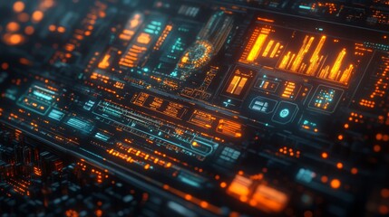 Obraz premium Futuristic Digital Interface: Neon Orange and Teal Abstract Technology Background