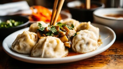Hearty Asian Meal with Dumplings Noodles and Vegetable Soup on Wooden Table