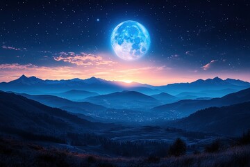 Fototapeta premium A serene night landscape featuring a large moon illuminating the mountains and valleys below.
