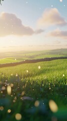Fototapeta premium A serene landscape with lush green fields under a soft, glowing sunset.