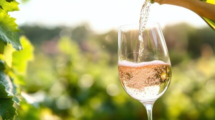 Sparkling beverage poured into glass among vibrant vineyard during bright sunny day