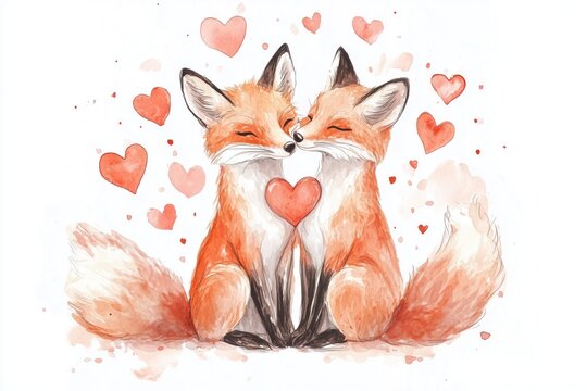 Two foxes with red fur kissing each other in a cute watercolor style, surrounded by little hearts on a white background. Valentine's Day concept.