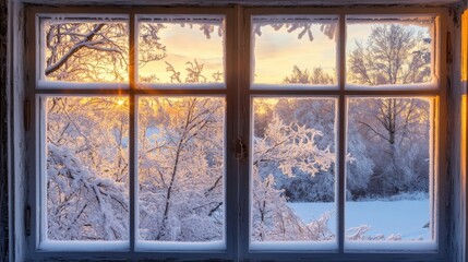 Fototapeta premium Snowy winter sunset viewed from a cozy window with frost-covered trees outside