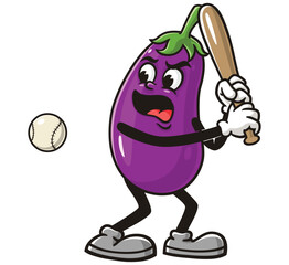 Eggplant playing Baseball,      Cartoon Character Mascot Illustration Vector Clip-art Hand-drawn Logo Design