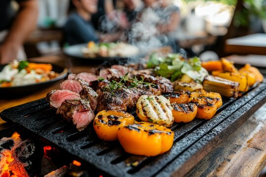 A traditional Uruguayan asado barbecue with sizzling meats on a parrilla grill, surrounded by friends and family enjoying the meal