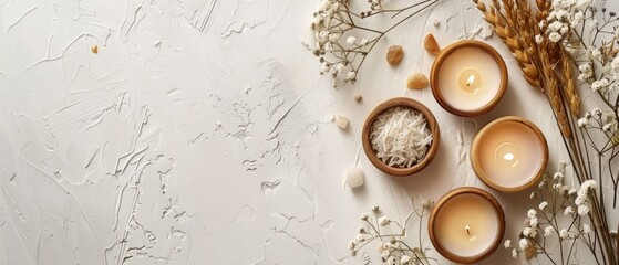 Ceramic bowls, candles, and reed diffusers on various background. Flat lay composition for wellness design and print. Spa and relaxation concept. Top down aerial view of spa accessory element. AIG55.