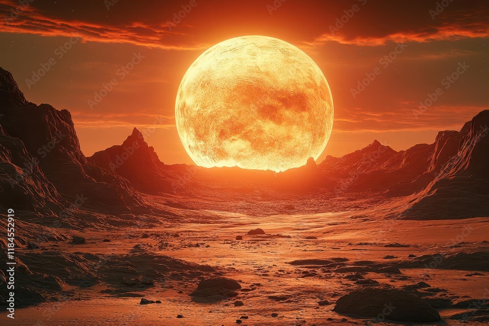 Wall mural detailed 3d rendering of mars planet surface with dramatic lighting showing red rocky terrain and du
