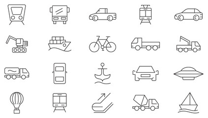 Transport line icon set. bus, car, truck, taxi, train, tram, bicycle, motorbike, scooter, transportation, vehicle, electric car line icon set. UI thin line icon pack.