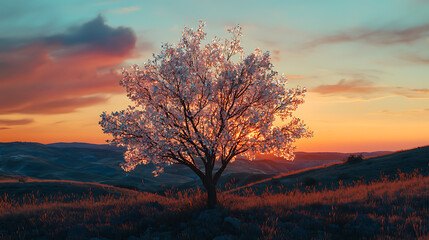 Obraz premium A tree stands alone in a field with a beautiful sunset in the background