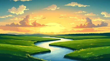Winding river at sunset through green fields