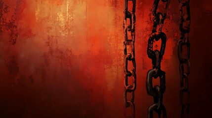 Rusty chains hanging against a fiery red wall background