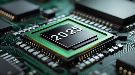 A close-up of a microchip featuring the year "2025," highlighting technology and innovation.
