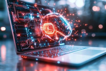 Obraz premium A vibrant digital illustration of a laptop being upgraded with holographic components and glowing circuit lines connecting to an AI core