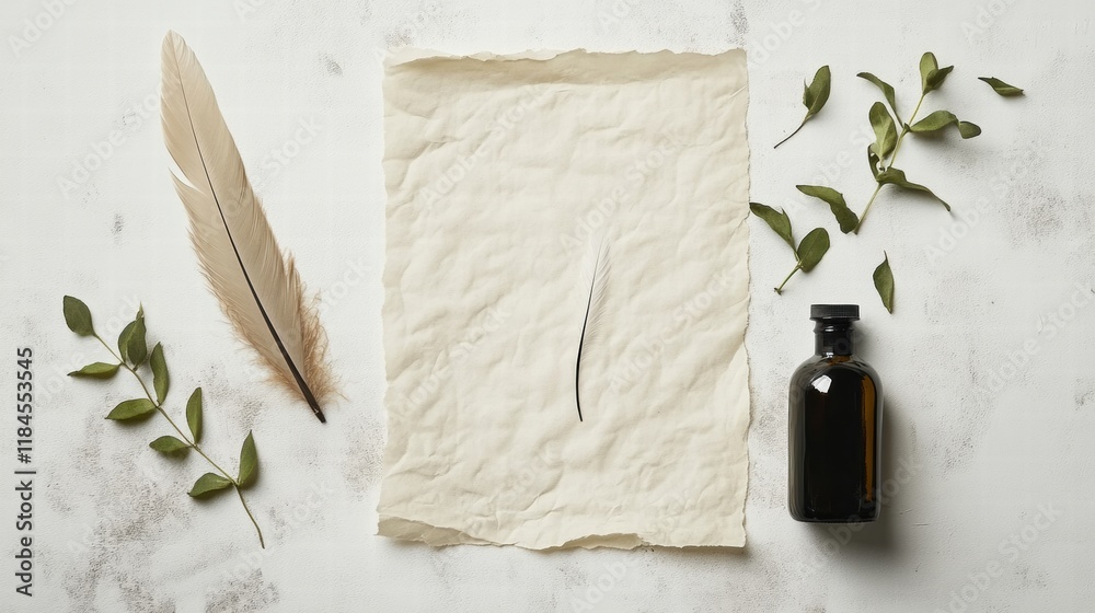 Poster calligraphy tools including feather quill, ink bottle, and parchment paper arranged on a light surfa