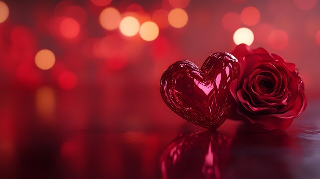 romantic atmosphere, red roses, heart-shaped glass ornament, bokeh lights, Valentine's Day theme, soft focus, deep red background, love symbol, dreamy ambiance, close-up shot, festive mood
