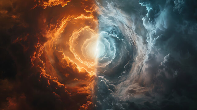 An apocalyptic sky split in half, with one side glowing with divine light and the other engulfed in swirling, fiery darkness 