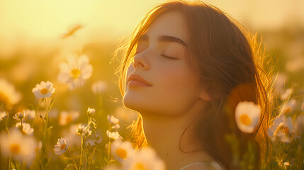 Fototapeta premium Young woman with closed eyes enjoying the golden sunset in a field of daisies, surrounded by warm sunlight.
