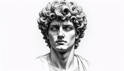 Engraved Vector Illustration of Apollo, Greek Sun God and Patron of Arts, Black and White Hand-Drawn Sketch