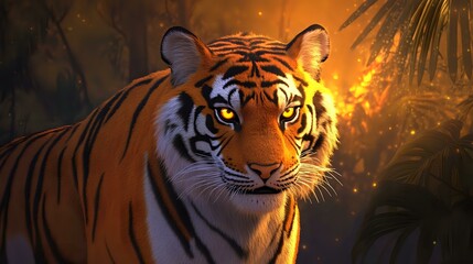 A detailed digital rendering of a tiger with striking orange and black stripes, intense yellow eyes and a jungle-themed glowing background, focused and well-lit