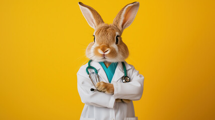 Rabbit or bunny wearing doctor uniform on and a Stethoscope, Easter medicine